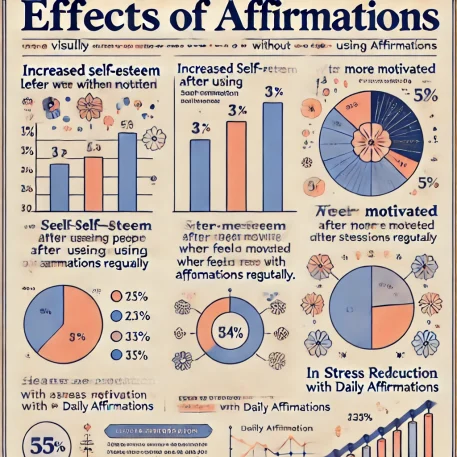 このインフォグラフィックは、アファメーション効果に関するデータを簡潔に示し、自己肯定感、モチベーション、ストレス軽減の改善を可視化しています。