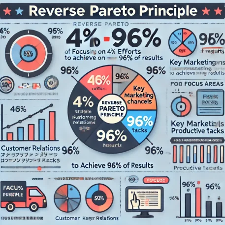 **このインフォグラフィックは、逆転パレートの法則に基づき、重要な4%に注力することで96%の成果を生む方法を視覚的に説明しています。**