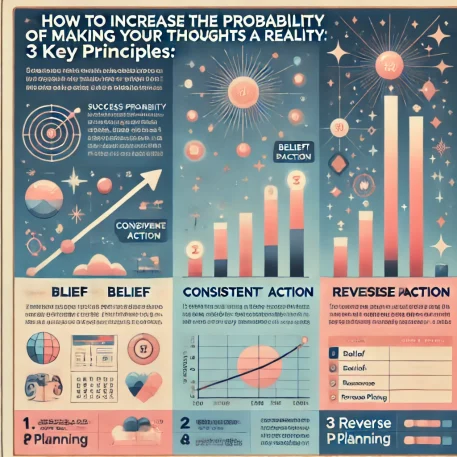 このインフォグラフィックは、「思考は現実化する」確率を高める3つの極意（信念、行動、逆算思考）について、見やすくまとめています。