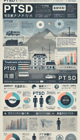 このインフォグラフィックは、地震によるPTSDの治療法について、効果、症状分布、回復率を示し、理解を助けます。