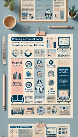 このインフォグラフィックは、「コンフォートゾーンの作り方」の基礎を、視覚的にわかりやすく整理しています。主要な要素である「個人的な空間」「サポート関係」「日常の習慣」をシンプルな棒グラフで比較し、それぞれに短い説明を添えています。