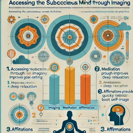 このインフォグラフィックは、潜在意識へのアクセス方法として、イメージング、瞑想、アファメーションの効果と実践しやすさを視覚的に示したものです。