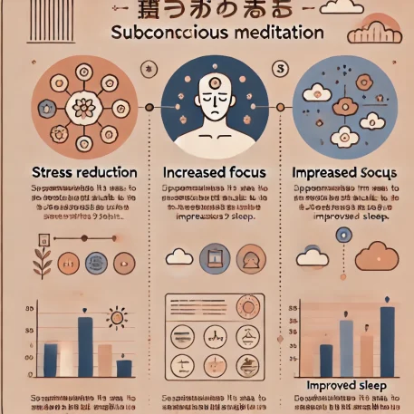 このインフォグラフィックは、潜在意識瞑想の効果とその実感までの目安を視覚的に示しています。