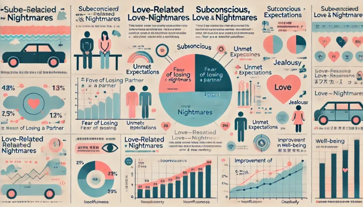 このインフォグラフィックは「潜在意識、愛と悪夢」について、愛に関連する悪夢の主な原因、悪夢を経験する頻度、そして心のケア方法による幸福度の改善を視覚的に示しています。
