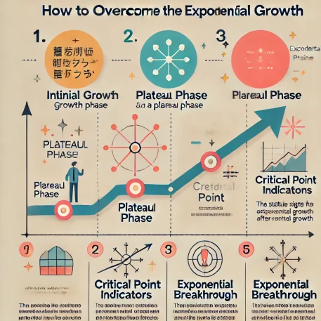 このインフォグラフィックは、停滞期の特徴、臨界点の兆候、そして飛躍的成長の3つの段階を示し、成功の二次曲線に至る過程をわかりやすく解説しています。