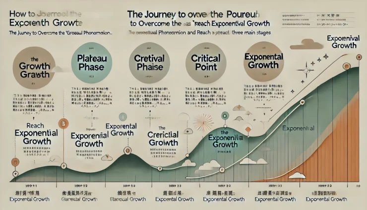 このインフォグラフィックは「成功の二次曲線」を達成するために、停滞期、臨界点、そして飛躍的成長の3つの段階をわかりやすく示しています。