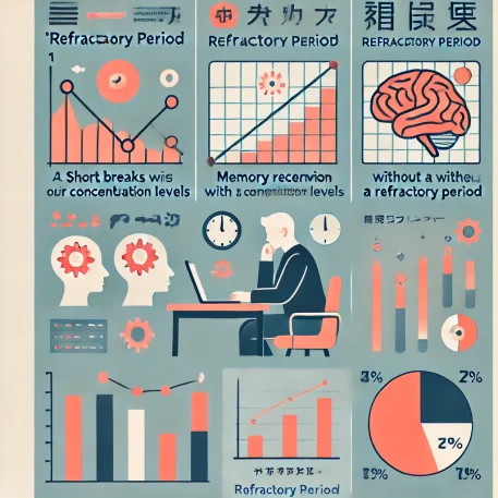 **このインフォグラフィックは、リフラクトリー・ピリオド（脳の空白時間）が集中力、記憶の定着、脳の回復に与える効果を示しています。**
