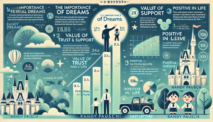 このインフォグラフィックは、ランディ・パウシュの「最後の授業」が教える夢、信頼、前向きな姿勢の重要性を視覚的にまとめたものです。