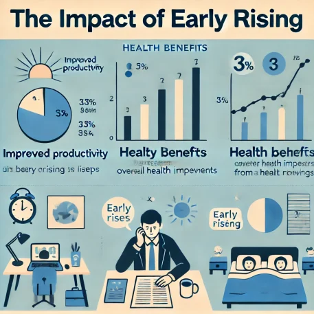 **このインフォグラフィックは早起きの影響を簡潔に示し、早起きの利点に関するデータを視覚的にまとめています。**
