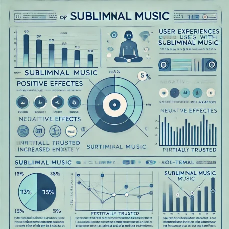 このインフォグラフィックは、サブリミナル音楽の効果、信頼性、そして時間経過による効果を視覚的に整理したものです。