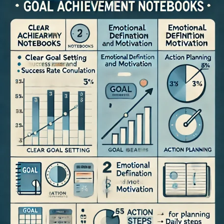 このインフォグラフィックは、目標達成ノートの重要な3つの要素（目標設定、感情の定義、行動計画）を視覚的に説明しています。シンプルなデザインで、成功のステップがわかりやすく示されています。