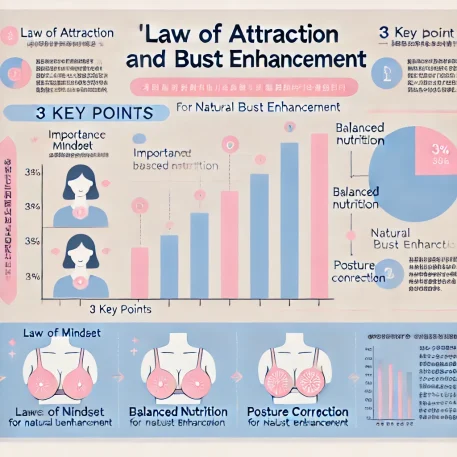 このインフォグラフィックは、「引き寄せの法則 バストアップ」における3つの重要な要素（マインドセット、栄養、姿勢）を視覚的に示しています。シンプルでわかりやすいグラフもあります。