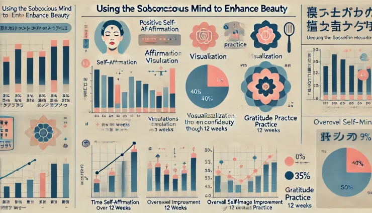 **このインフォグラフィックは「潜在意識 美人になった」における具体的な改善方法とデータを視覚的にまとめています。自信向上と自己イメージ改善の推移をグラフで示し、効果的なテクニックの割合を円グラフで表示しています。**