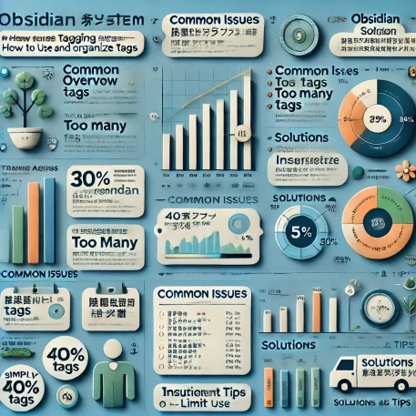 **このインフォグラフィックはObsidianのタグ管理の概要、一般的な問題点、解決策を視覚的に示しています。**