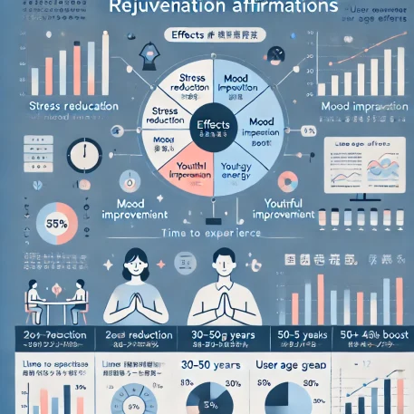 このインフォグラフィックは、若返りアファメーションの利点を示し、ストレス軽減、気分改善、利用者の年齢分布を視覚化しています。