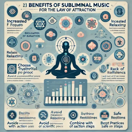 **このインフォグラフィックは、引き寄せの法則とサブリミナル音楽の利点とリスクに関する重要な情報を、視覚的にシンプルかつ明確に示しています。**
