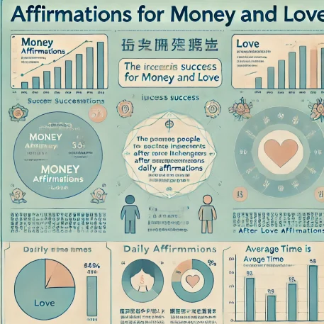 このインフォグラフィックは、「アファメーション　お金　恋愛」の実践における成功率や改善効果のデータを視覚的に示しています。