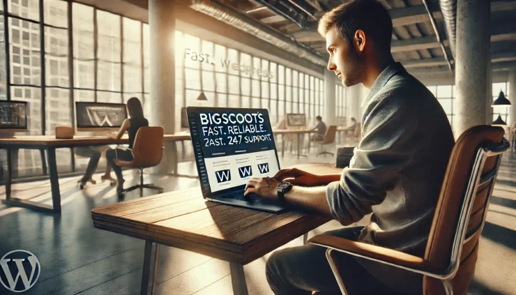 自然光に包まれたモダンなワークスペースで、BigScoots WordPress Hostingの「速さ」「信頼性」「24/7サポート」を象徴するシーン。集中し満足げな表情が、サイト運営の快適さを伝えます。