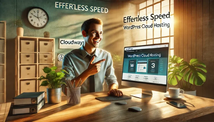 このインフォグラフィックは、Cloudways WordPressクラウドホスティングの利便性やスピードを強調し、利用者の満足感を示しています。