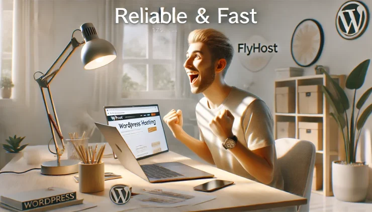 この画像は、FlyHost WordPress Hostingの信頼性と高速性に対する興奮と満足を表現し、SEOにも配慮しています。