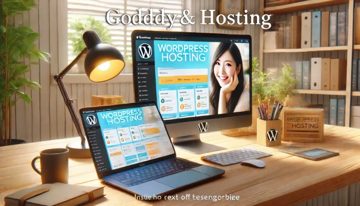 この画像は、GoDaddyとWordPressのホスティングサービスのシンプルな操作性と信頼性を示しています。
