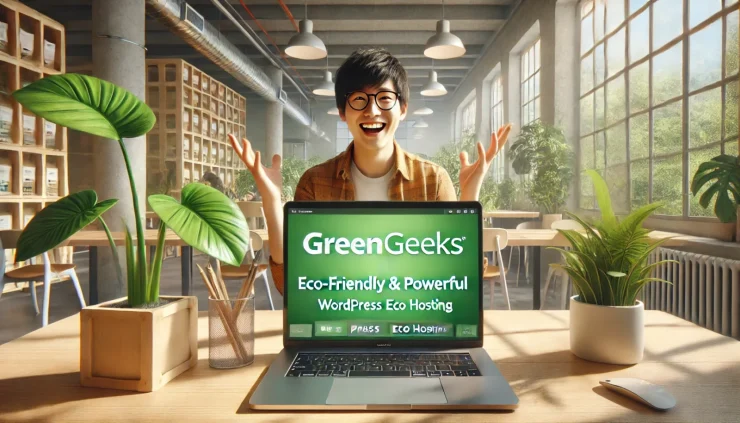 このインフォグラフィックは「GreenGeeks WordPressエコホスティング」のエコフレンドリーかつ強力なホスティング体験を表現しています。