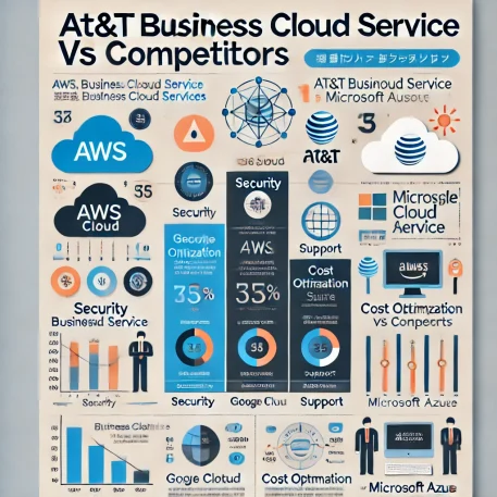 このインフォグラフィックは、**AT&T Businessのクラウドサービスの使い方**をAWS、Google Cloud、Microsoft Azureと比較し、セキュリティ、コスト最適化、サポートの主要な違いを分かりやすく説明しています。