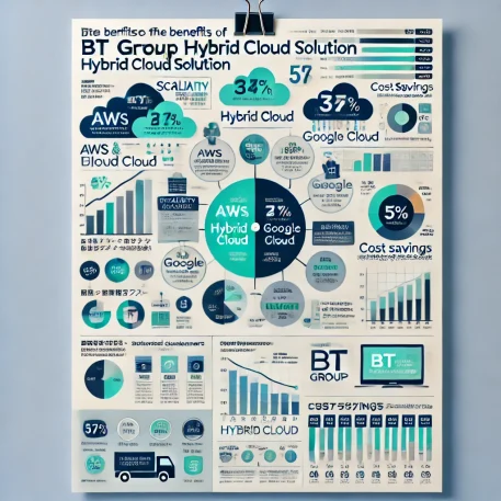 このインフォグラフィックは、BT Group ハイブリッドクラウドソリューションの使い方におけるスケーラビリティ、顧客満足度、コスト削減効果を視覚的に示しています。