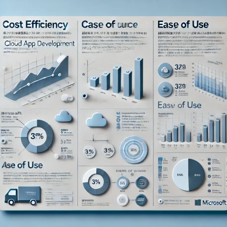 このインフォグラフィックは、Microsoft PowerAppsのクラウドアプリ開発における利点を簡潔に説明しています。コスト効率、使いやすさ、Microsoft製品との統合をグラフで示しています。