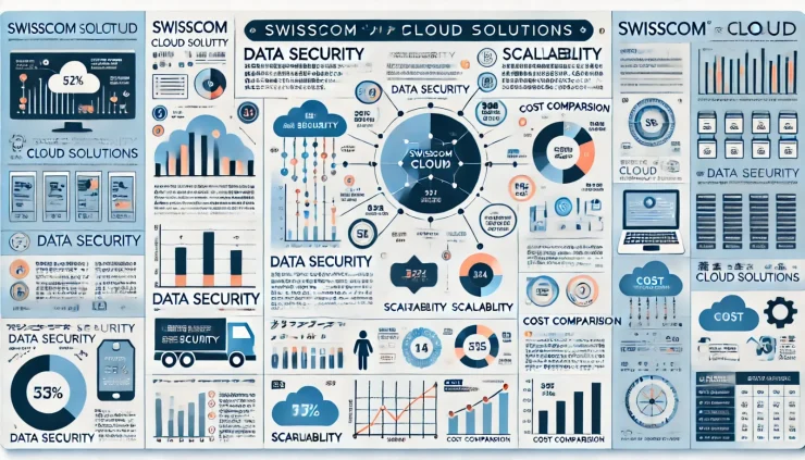 このインフォグラフィックは、Swisscom クラウドソリューションのデータセキュリティ、スケーラビリティ、コスト比較に関する重要な情報を簡潔に視覚化しています。