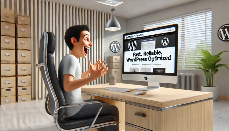 この画像は、InMotion HostingのWordPress専用ホスティングを使うユーザーがサイトの高速読み込みに喜んでいる瞬間を捉えています。