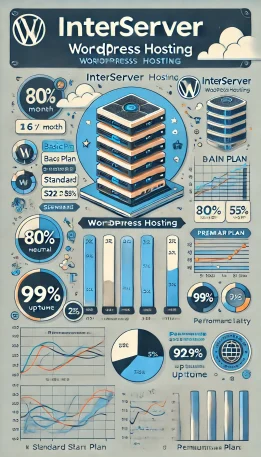 このインフォグラフィックは、InterServer WordPress ホスティングの料金、パフォーマンス、ユーザー満足度の主な指標を示し、視覚的に理解を助けます。