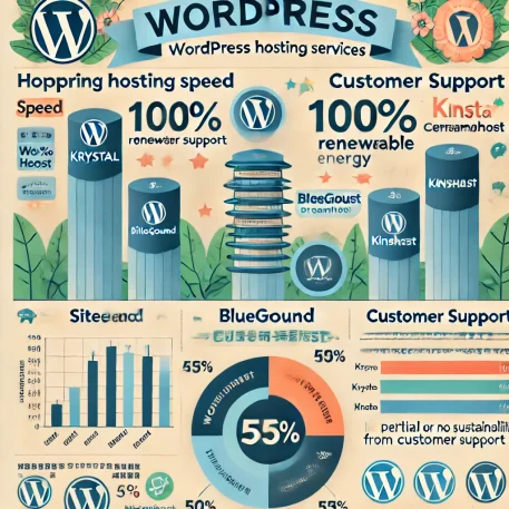 このインフォグラフィックは、Krystal WordPress ホスティングを他社と比較し、速度、サポート、環境配慮の3つの面での優位性を示しています。