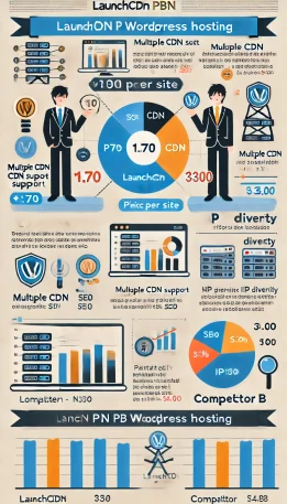 このインフォグラフィックは、LaunchCDN PBN WordPress ホスティングの価格、CDN対応、IP分散を競合他社と比較しており、SEO向上のための重要な要素を一目で理解できる構成です。