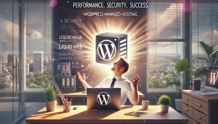 「Liquid Web WordPress Managed Hostingによるパフォーマンスと安心感を体験するプロフェッショナルを描いたモダンなオフィスの情景です。」