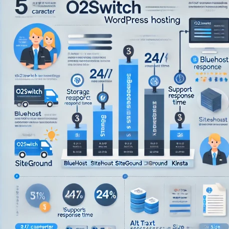 **このインフォグラフィックは、O2Switch WordPress ホスティングの無制限のストレージ、24/7のサポート、コスト効率の高さを他社と比較して視覚的に表現しています。**