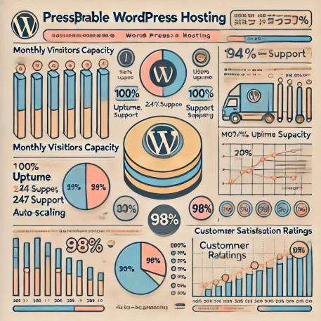 **このインフォグラフィックは、Pressable WordPressホスティングの３つの重要な特長を視覚的に表したもので、サービスの価値を簡潔に伝えます。**