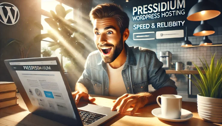 この画像は、Pressidium WordPress ホスティングの「スピードと信頼性」を表現し、興奮と安心感を強調しています。