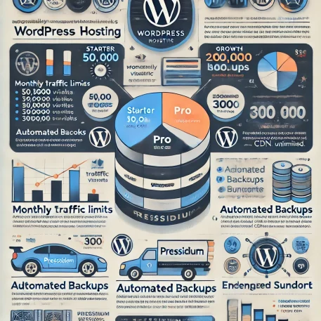 **このインフォグラフィックは、Pressidium WordPress ホスティングのプラン、サポート、トラフィック制限をシンプルに視覚化したものです。**