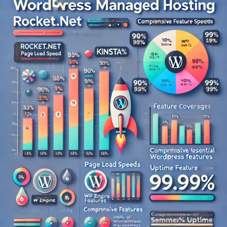 このインフォグラフィックは、**Rocket.net WordPressマネージドホスティング**の高速ページロード速度、充実した機能カバレッジ、99.99%の稼働率を分かりやすく示しています。