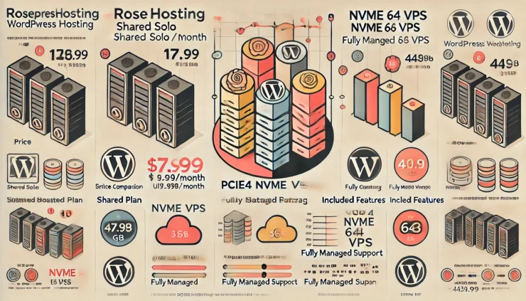 このインフォグラフィックは、RoseHosting WordPress ホスティングの主要プランの比較を視覚化し、プランごとの価格、ストレージ容量、主要な機能を分かりやすく示しています。各プランの特徴を簡潔に把握するのに役立ちます。