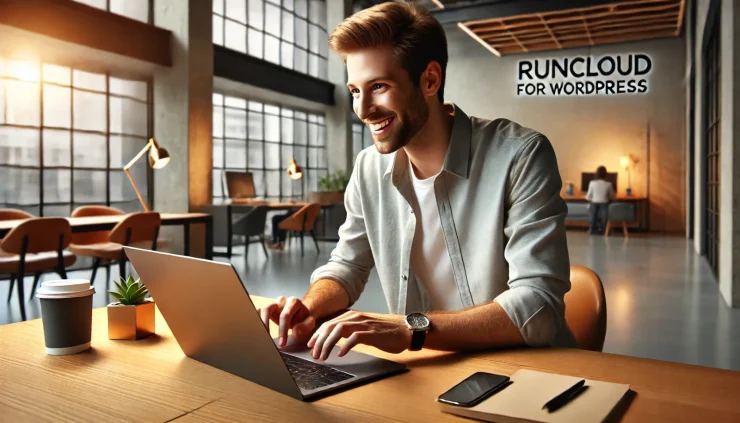 この画像は、RunCloud WordPress ホスティングを使う際の効率性と安心感を反映し、自然光の入るモダンなワークスペースで活気あふれる雰囲気を表現しています。