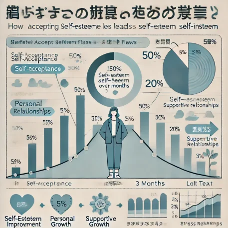 このインフォグラフィックは、自己肯定感の成長プロセスを視覚的に示し、自己受容、成長、ストレス軽減に役立つ要素を説明しています。