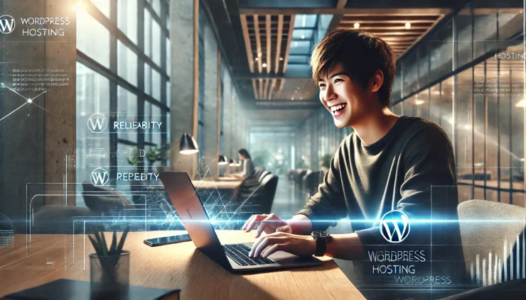 この画像は、SpinupWP WordPress ホスティングの速さと信頼性を象徴し、満足感を感じるプロフェッショナルなシーンを表現しています。