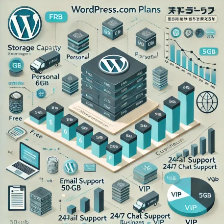 このインフォグラフィックは、WordPress.comホスティングのプラン別の料金、ストレージ容量、サポートレベルの違いを視覚的に示しています。