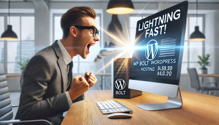 この画像は、WP Bolt WordPress ホスティングの驚くべき速度と信頼性を体感するユーザーの喜びを表現しています。