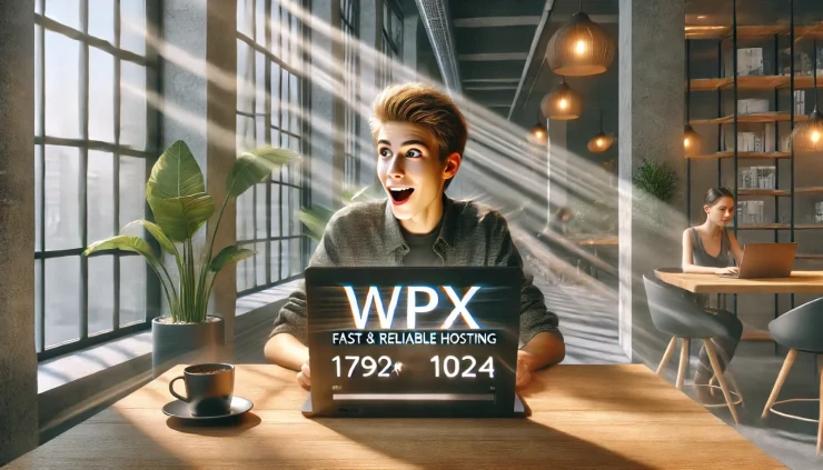 「WPX Fast WordPress Hostingのスピードを体感して驚く人物の写真風画像。リアルな表情とプロフェッショナルな環境で、WPXホスティングの魅力を表現しています。」