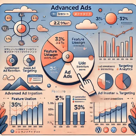 **このインフォグラフィックは**、WordPress広告プラグイン「Advanced Ads」の特徴や他プラグインとの比較、主要な機能の利用率、そしてユーザー満足度の推移を視覚的に示しています。