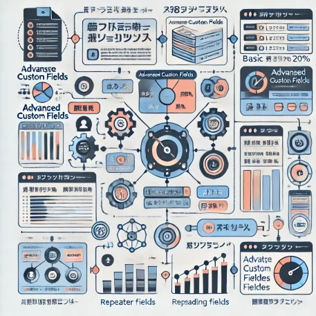 **このインフォグラフィックは、WordPressでのAdvanced Custom Fields (ACF)の使用に関する主要な情報を視覚化し、使いやすさと効果について説明しています。**