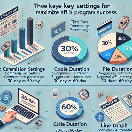 このインフォグラフィックは、「AffiliateWP」の効果的な設定方法に関する重要なポイントを視覚化したものです。コミッション設定、クッキー期間、承認方法に関する推奨設定を簡潔に示しています。